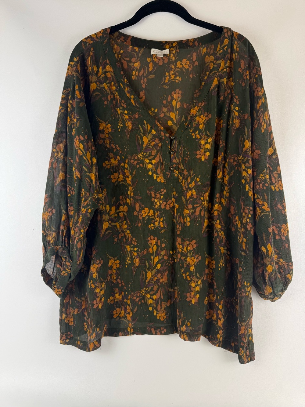 Garnet Hill 100% Silk Floral Tunic Blouse Olive Green Boho Size 16 XL